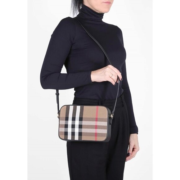 Burberry Small Camera Check Leather Canvas Crossbody Bag Black 8085080 - Picture 13 of 13
